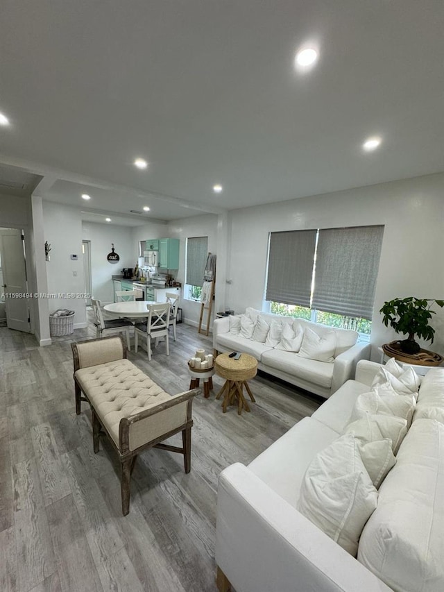 living room featuring light wood-style floors, a wealth of natural light, and recessed lighting