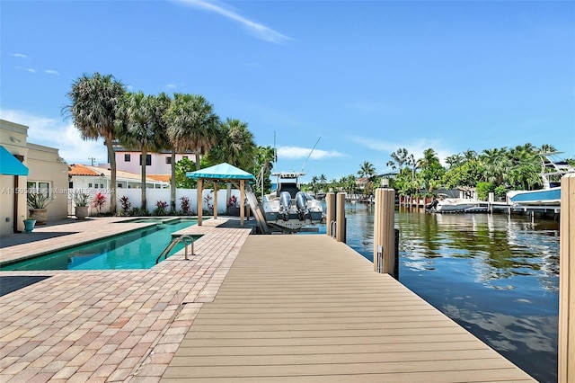 view of dock featuring a patio area, a water view, and a fenced in pool