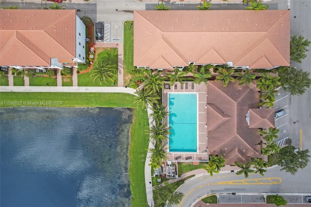 aerial view featuring a water view