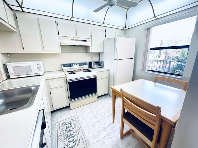 kitchen featuring ceiling fan, white cabinetry, white appliances, and sink