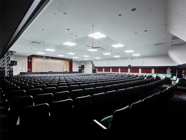 home theater room featuring ceiling fan