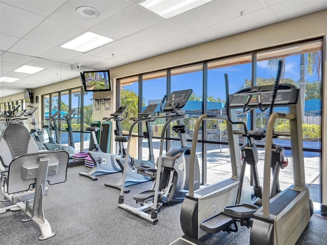 exercise room featuring a drop ceiling