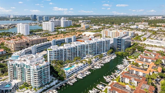 bird's eye view with a water view