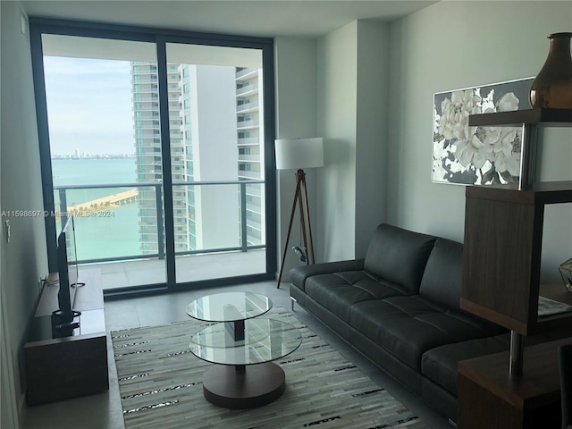 living room featuring a wall of windows