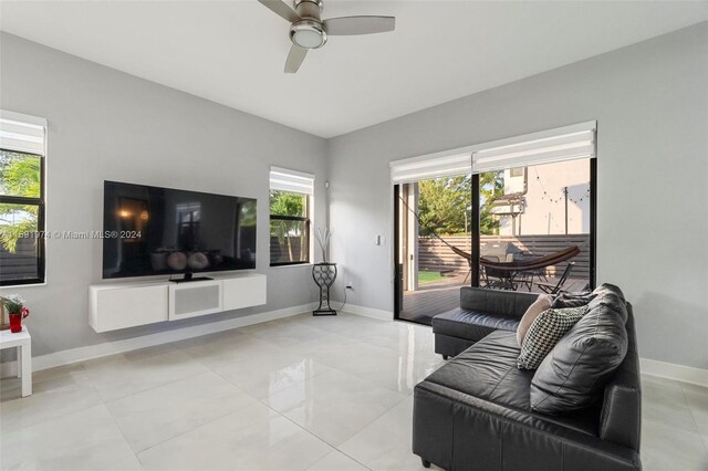 living room with ceiling fan