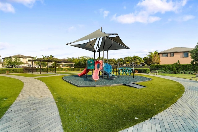 view of jungle gym with a yard