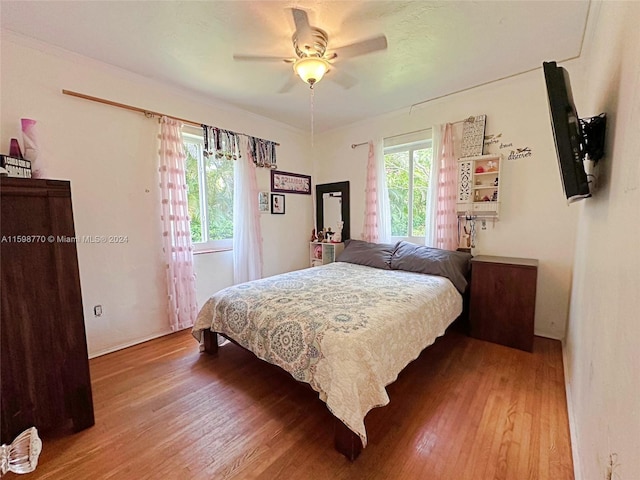 bedroom with hardwood / wood-style flooring and ceiling fan