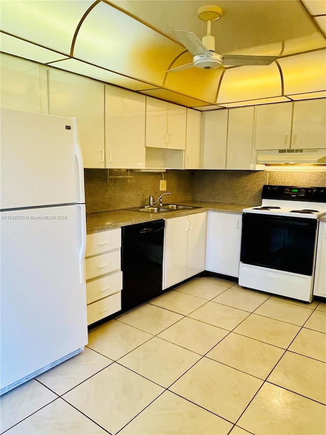 kitchen with ceiling fan, tasteful backsplash, white appliances, light tile flooring, and sink