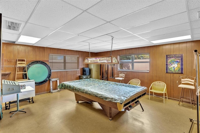 rec room featuring a drop ceiling and pool table