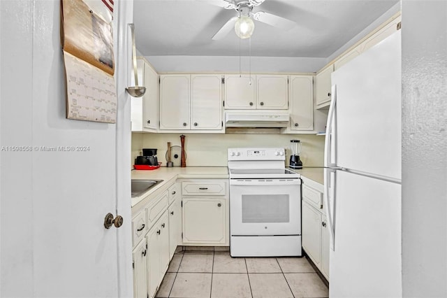 kitchen with ceiling fan, sink, light tile patterned floors, and white appliances