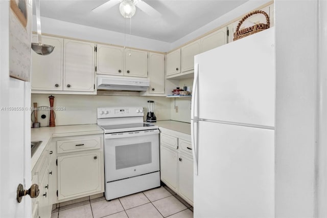 kitchen with light tile patterned floors, white appliances, and ceiling fan