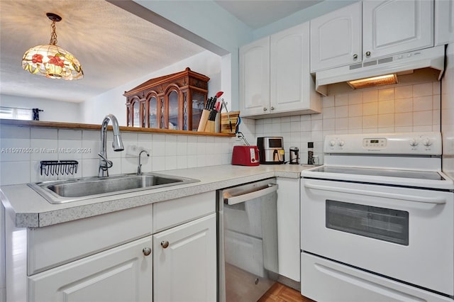 kitchen featuring pendant lighting, dishwasher, white cabinetry, electric stove, and sink