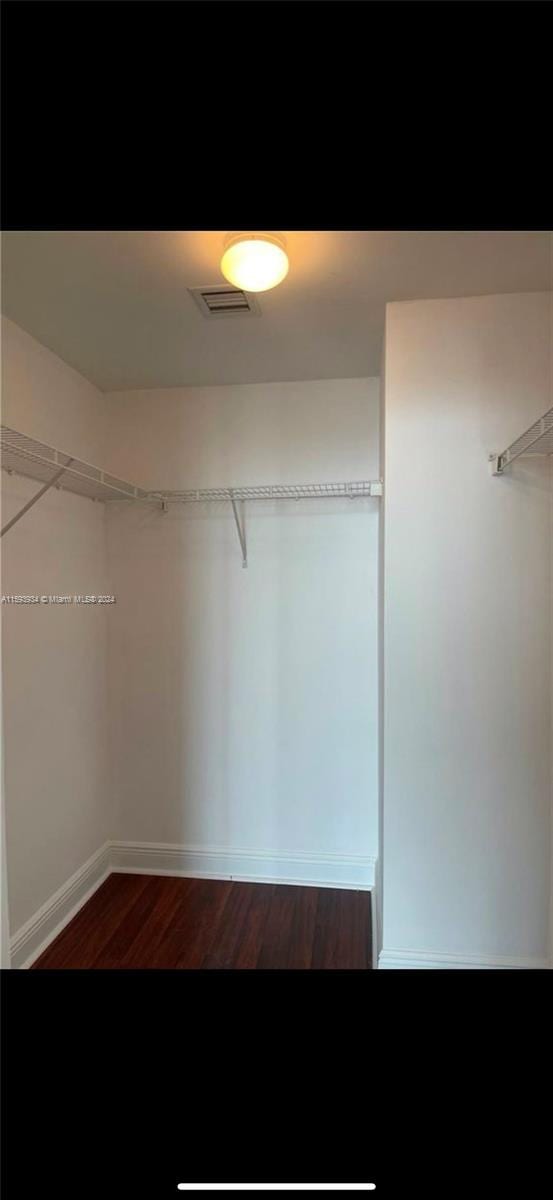 walk in closet with dark wood-type flooring