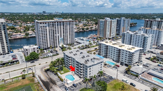 drone / aerial view with a water view