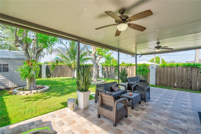 view of patio / terrace featuring an outdoor living space and ceiling fan