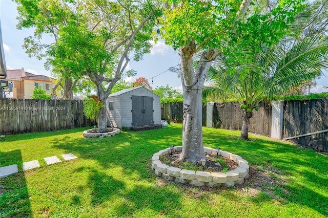 view of yard with a storage unit