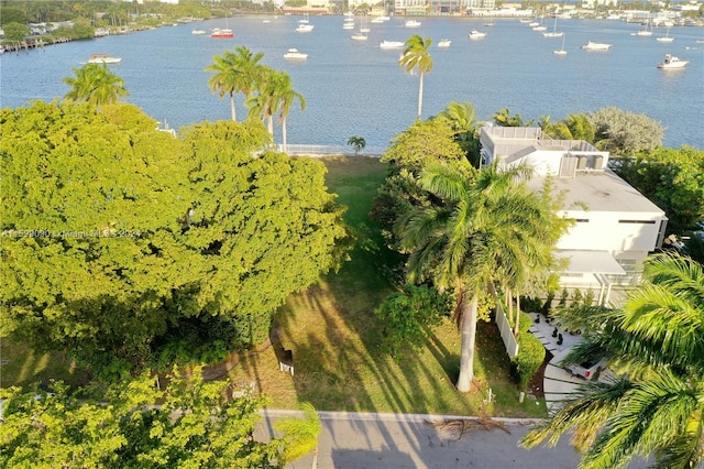 drone / aerial view featuring a water view