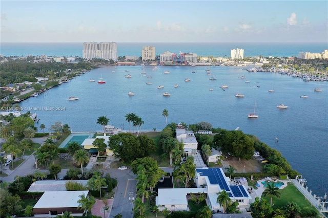 drone / aerial view featuring a water view