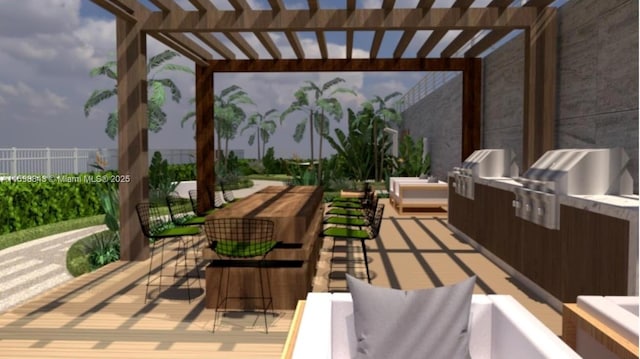 view of patio featuring fence, a pergola, outdoor dry bar, and area for grilling