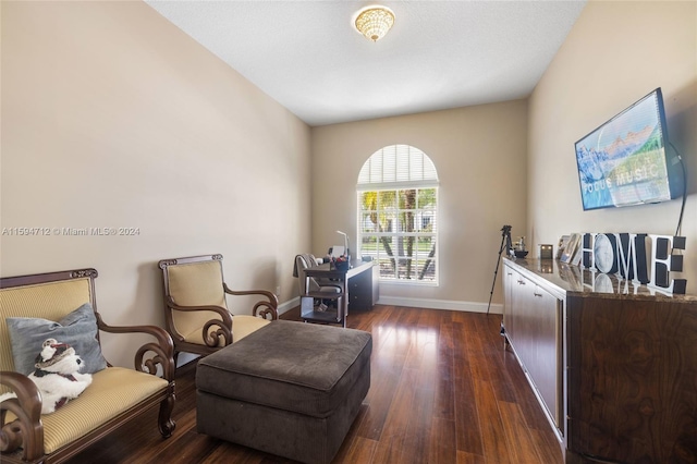 sitting room with dark wood-type flooring