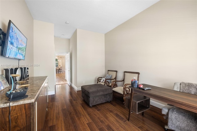 office area with dark wood-type flooring and lofted ceiling