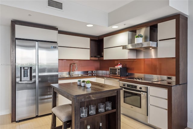 kitchen featuring wall chimney exhaust hood, sink, white cabinetry, and stainless steel appliances