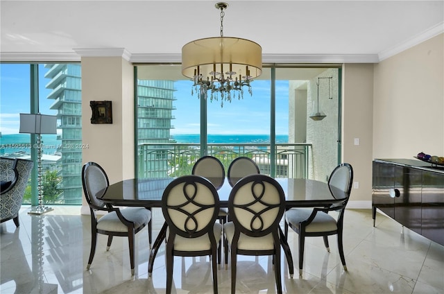 dining space with floor to ceiling windows, ornamental molding, a wealth of natural light, and an inviting chandelier