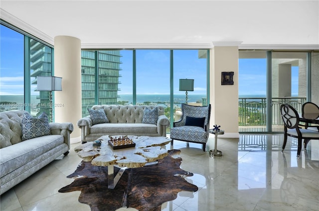 living room with floor to ceiling windows