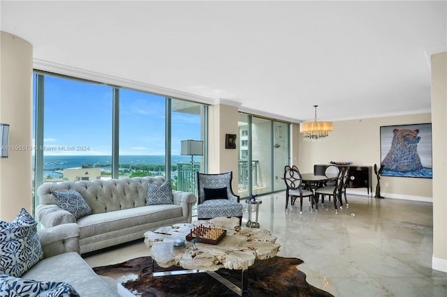 living room featuring crown molding, expansive windows, and a notable chandelier