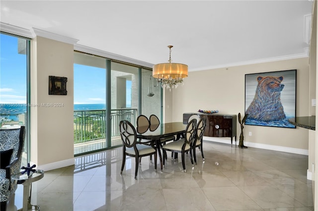 dining room with a wall of windows, an inviting chandelier, a wealth of natural light, and crown molding