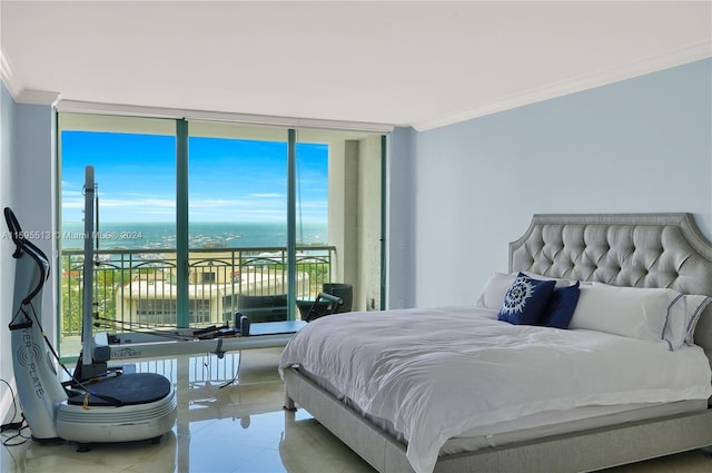 bedroom with access to exterior, floor to ceiling windows, crown molding, light tile patterned floors, and a water view