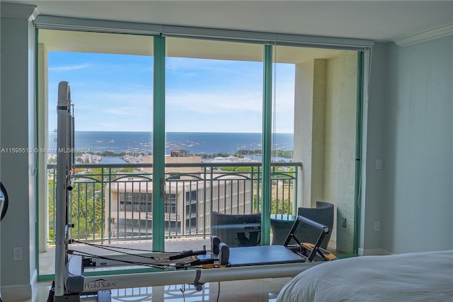 bedroom featuring expansive windows, a water view, and ornamental molding