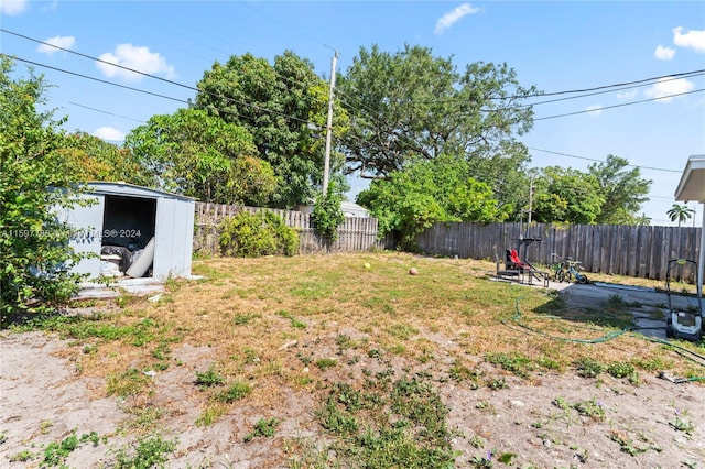 view of yard featuring a storage unit