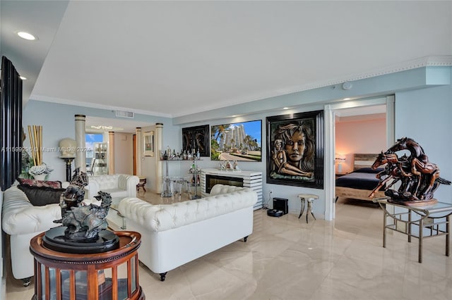 living room with crown molding