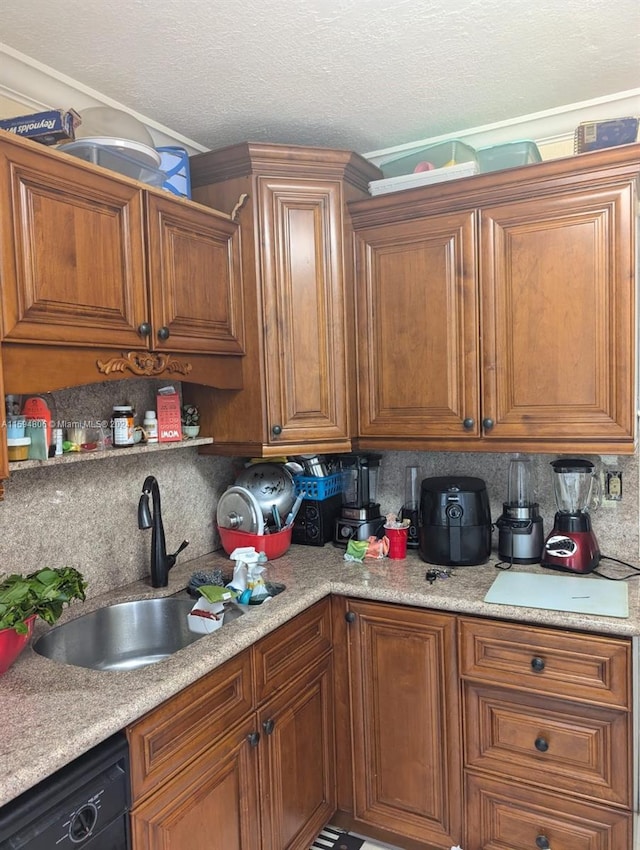 kitchen featuring dishwasher, decorative backsplash, a sink, light countertops, and brown cabinetry