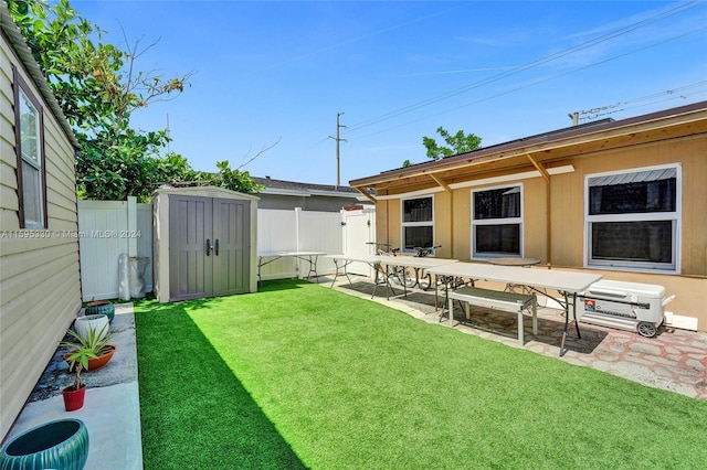 view of yard with a patio and a shed