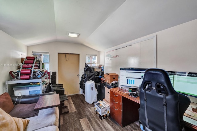 office area featuring lofted ceiling and dark hardwood / wood-style flooring