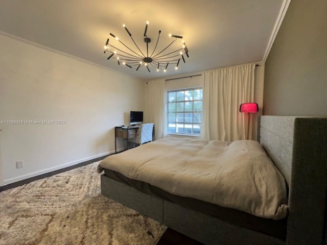 bedroom featuring a notable chandelier and ornamental molding