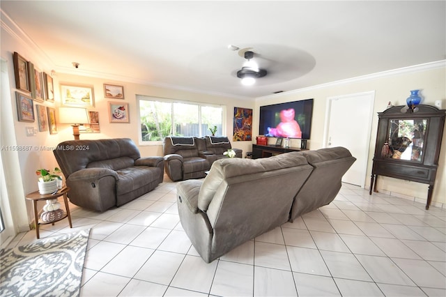 living room featuring light tile patterned flooring, ceiling fan, and ornamental molding