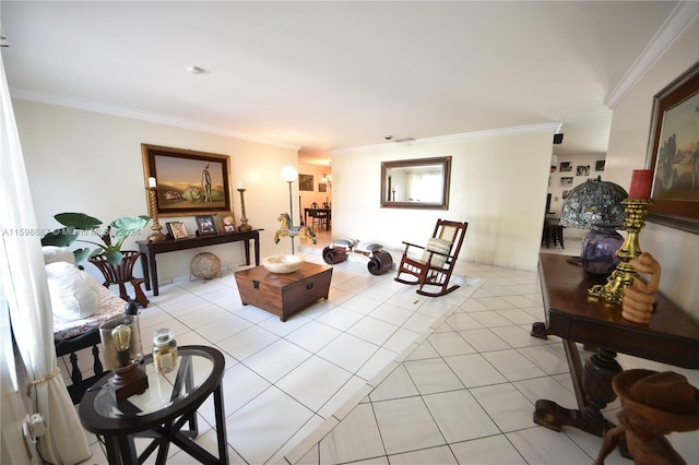 tiled living room featuring ornamental molding