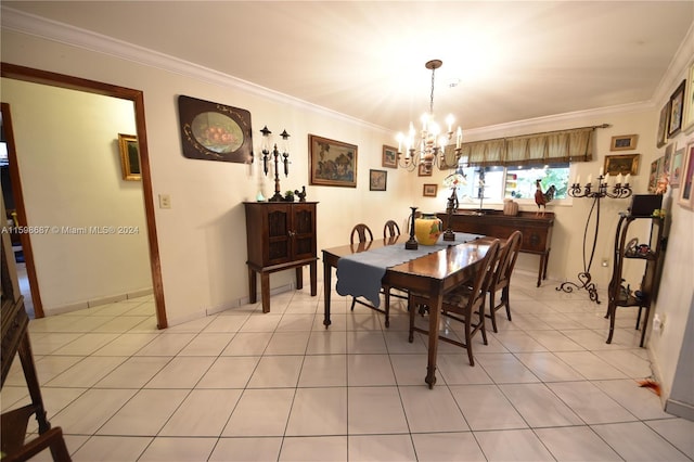 tiled dining space featuring a chandelier and crown molding