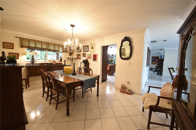 tiled dining space with a notable chandelier and crown molding