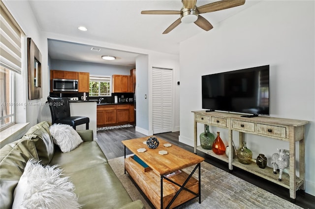 living room with ceiling fan, dark hardwood / wood-style floors, and sink