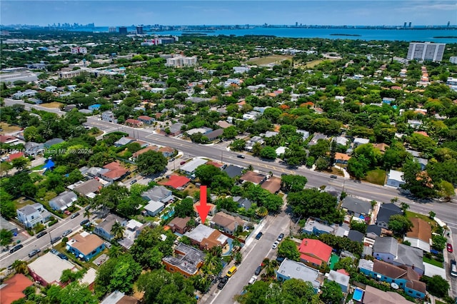 aerial view featuring a water view