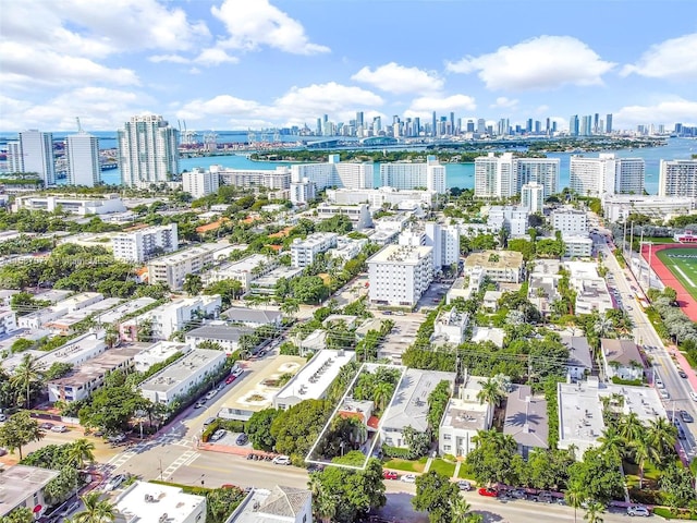 bird's eye view with a water view