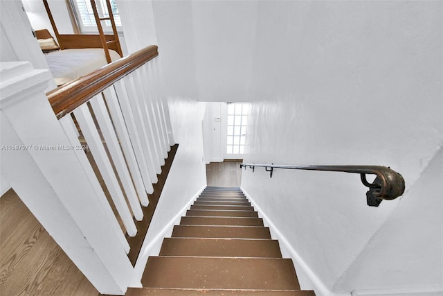 stairway with plenty of natural light and dark hardwood / wood-style flooring