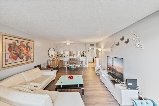 living room featuring light hardwood / wood-style flooring and a textured ceiling