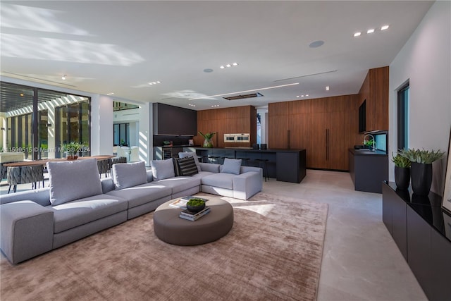 living room featuring wooden walls