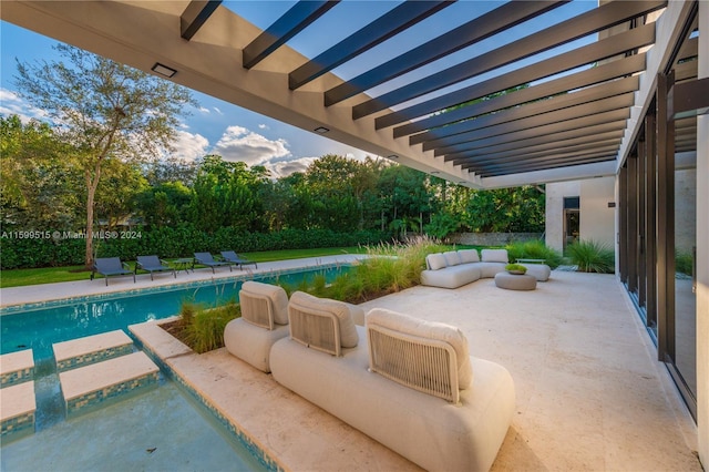 view of patio with an outdoor living space, a fenced in pool, and a pergola