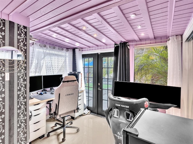 office area with beamed ceiling, plenty of natural light, wood ceiling, and french doors